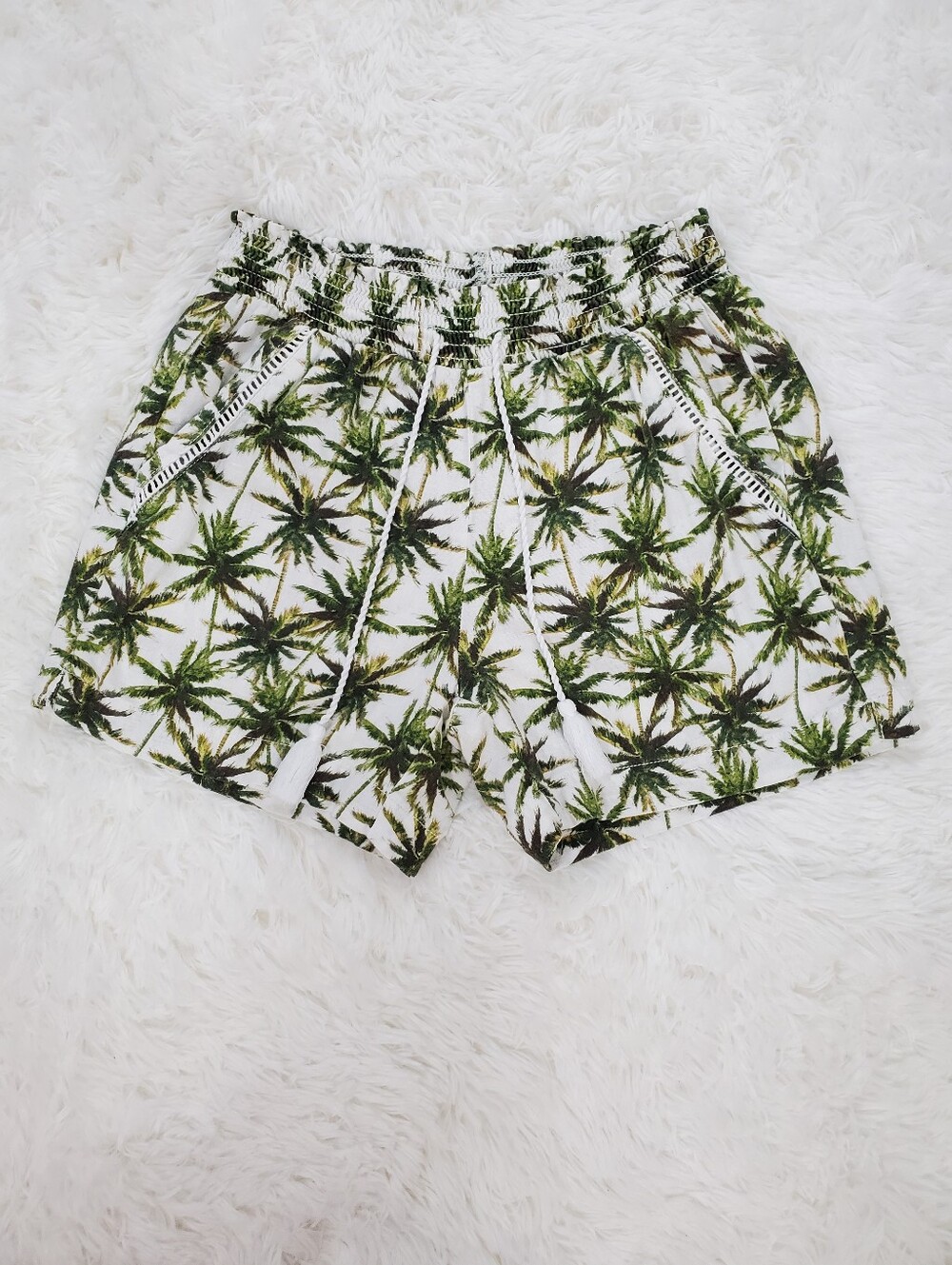 Briggs Size S Green White Linen Blend Tropical Tree Shorts